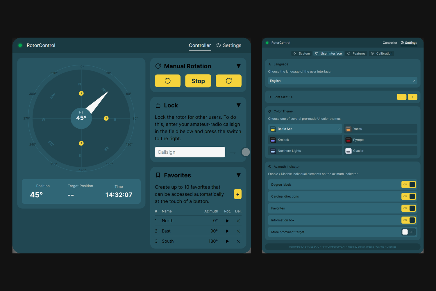 The RotorControl web interface — a compass showing the antenna position beside manual rotation, lock, and favourites controls — shown next to its settings screen.