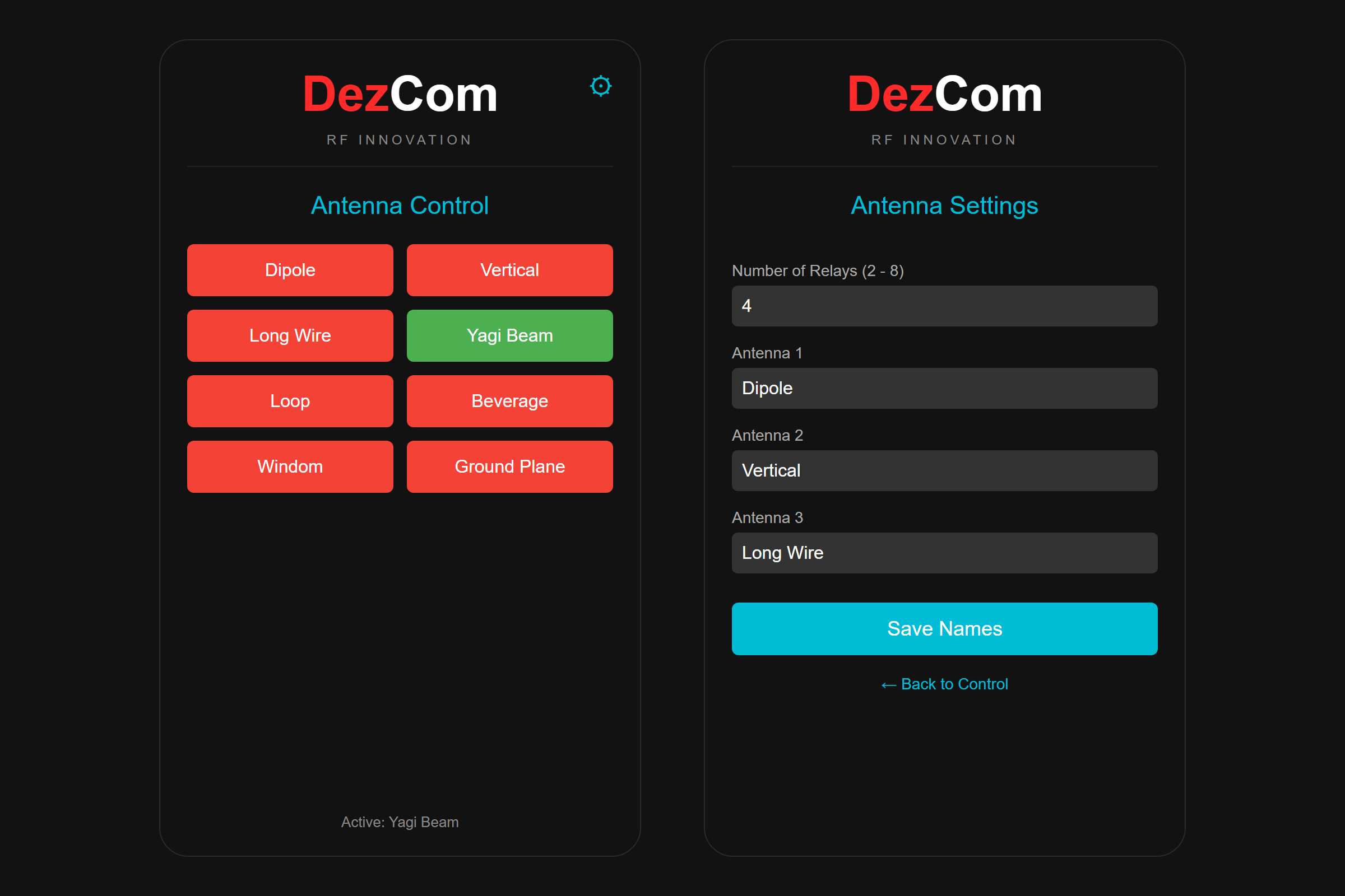 The DezCom antenna control page with colour-coded antenna buttons, next to the antenna settings page.