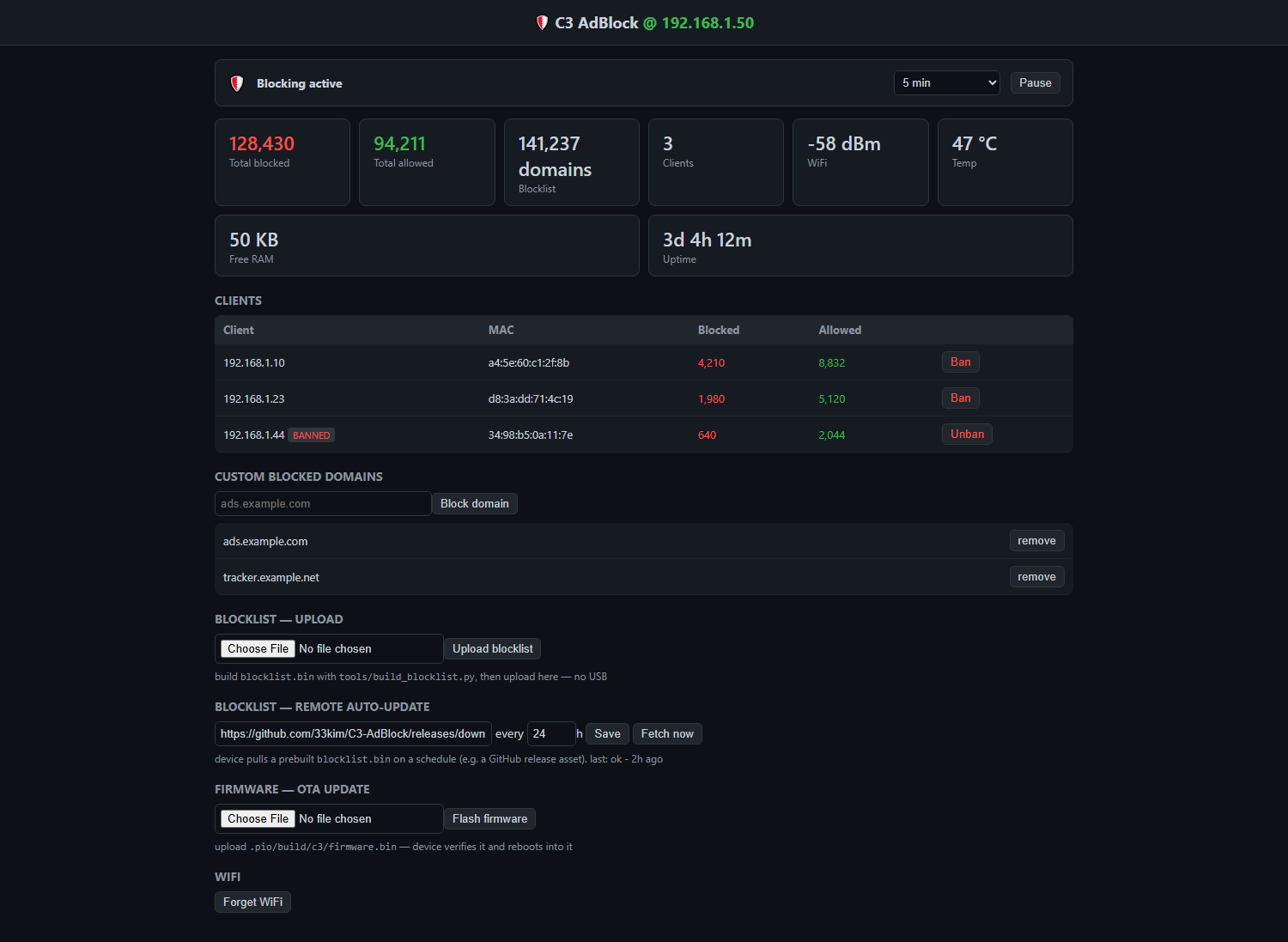 The C3 AdBlock dashboard: live blocked and allowed totals, a per-client table, custom blocked domains, and blocklist and firmware update controls.